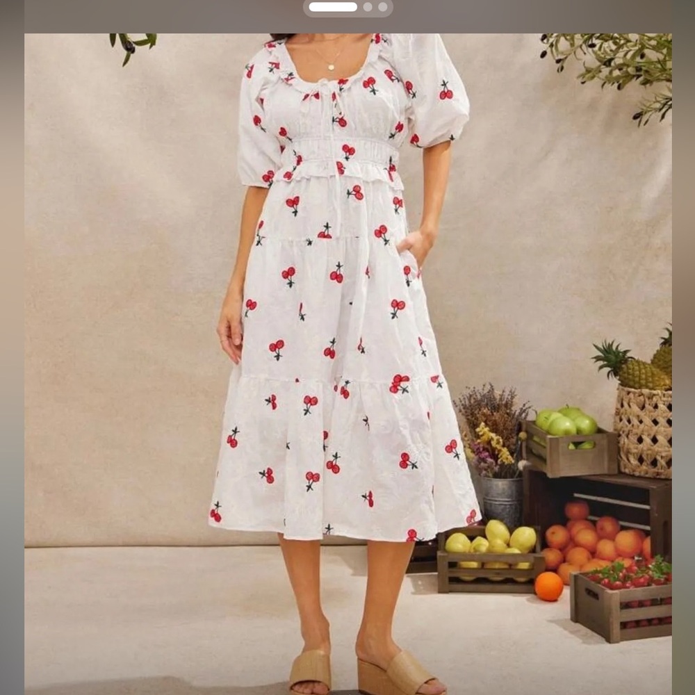 White Dress with Red Cherry Print